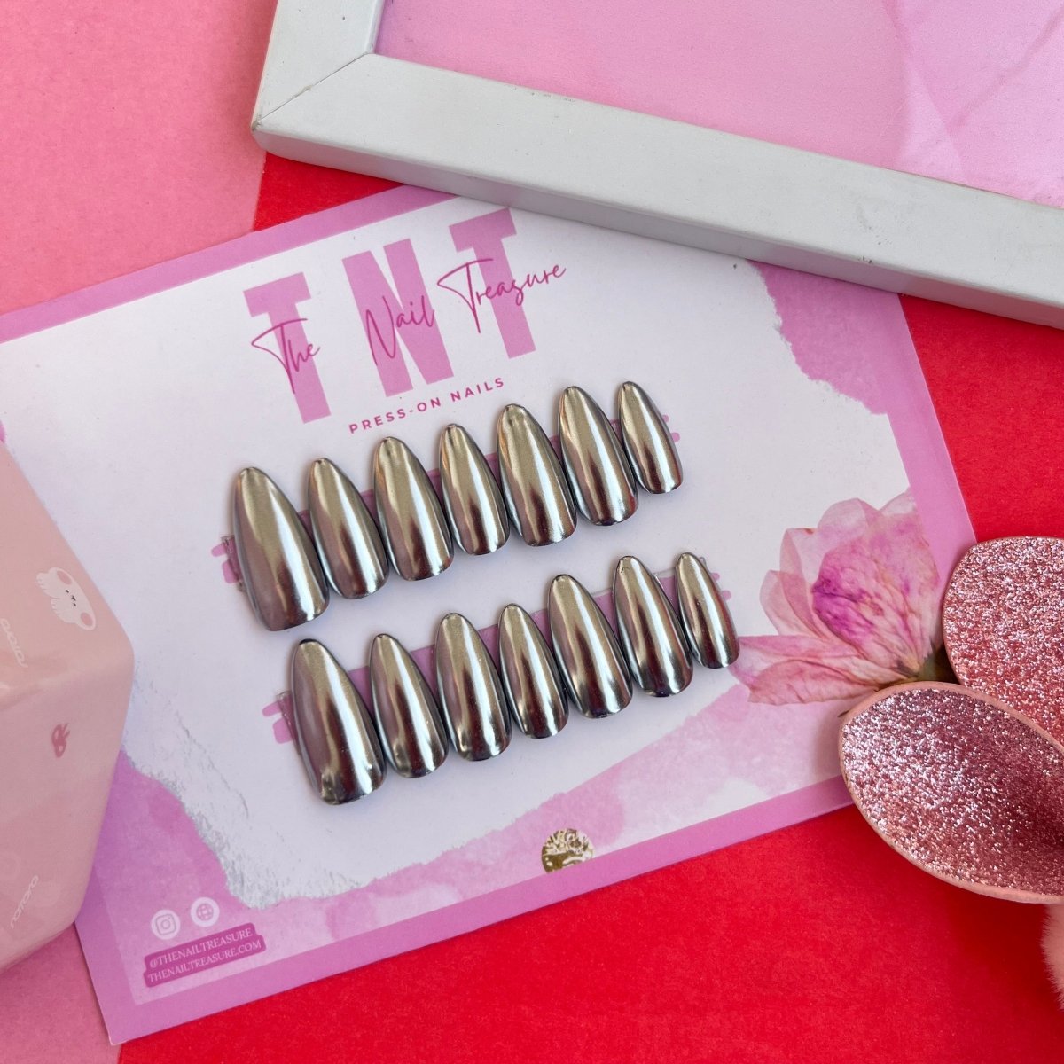 999 silver a chrome finish press on nail set