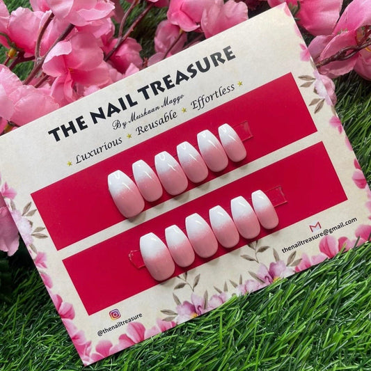 Cherry Blossom- A Subtle ombre design of fake nails. Pink & White ombre Stick on Nails.