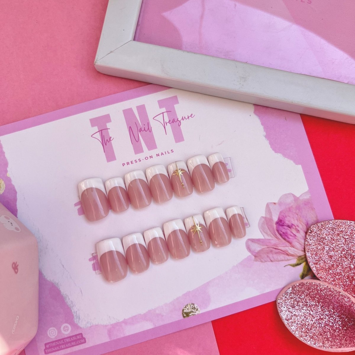 Eva a nude base with white french  art, press on nail set