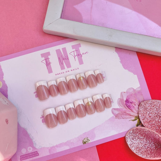 Eva a nude base with white french  art, press on nail set