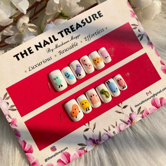 Potato - These fake nails set designed with handpainted potato colourful faces, Makes it cute & beautiful.