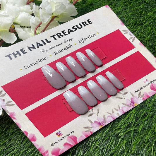 Subtle Ombre Premium press on fake nails set in grey & white shade by the nail treasure.