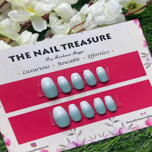 Subtle press on nail design with ombre art done in mint green & white shade, Get this Ombre stick on nails now.