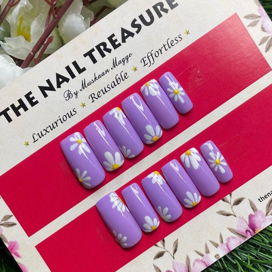 Purple land press on nails, these premium fake nails is in lavender shade with handpainted flower art.