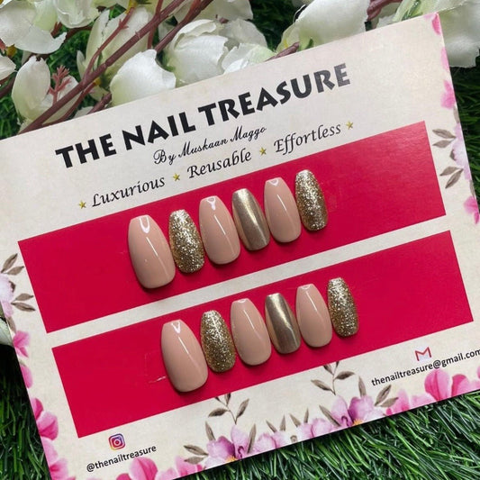 Gold Press on nail set by the nail treasure, Designed with chrome & Glitter artwork.