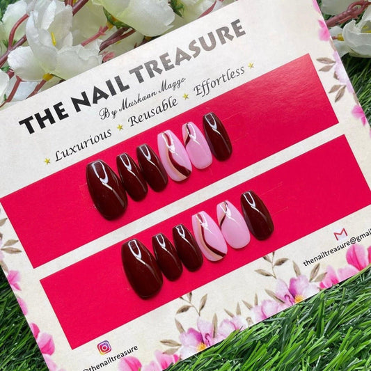 Berry is a cherry & light pink shade press on nail set with added swirl design.