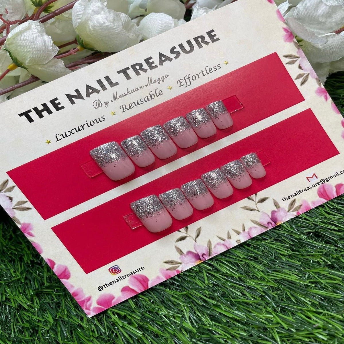 Sprinkle, These stick on nails designed with silver glitter on nude base.