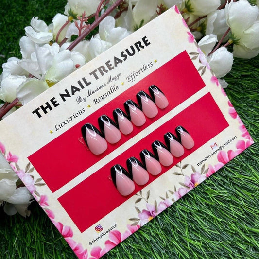 Neat - A Black French art fake nails set, Press on nails with pink base.