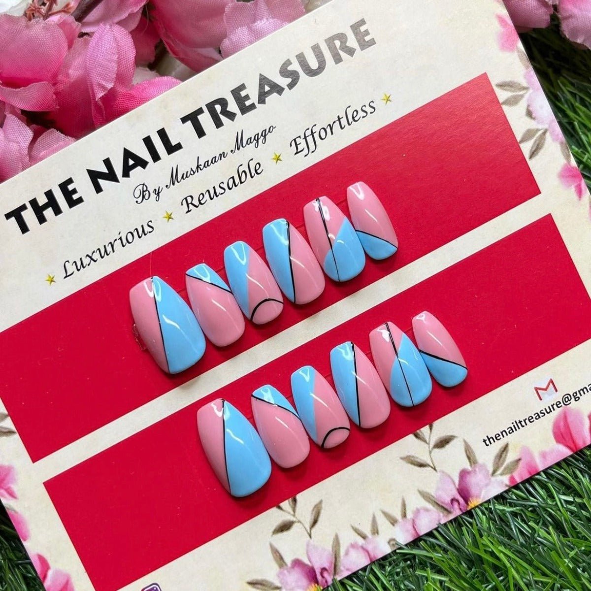 Blink a geomatric Press on nails design. Designed this fake nail set in vibrant colors so it can be a popping stick on nails.