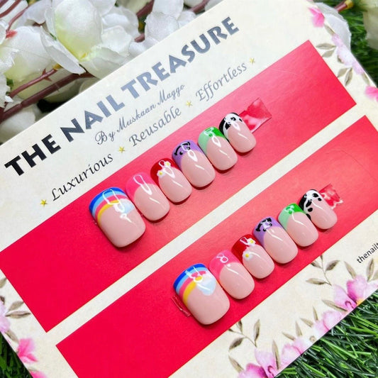 Toodles - A cute looking Press on fake nails, with multiple Colour gel painted french art design.