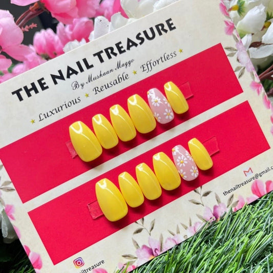 Bloom a vibrant Shade of fake nails. Bright yellow press on nails with floral art stick on nails design.