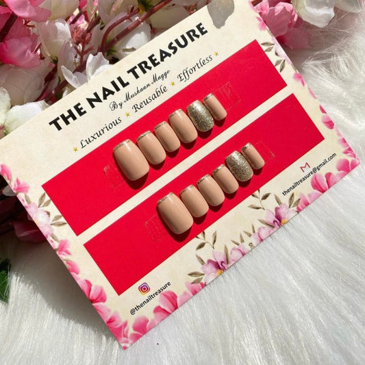 Tulip - Premium press on nails set Designed on base of Nude coffee shade, with added glitter & french art. 