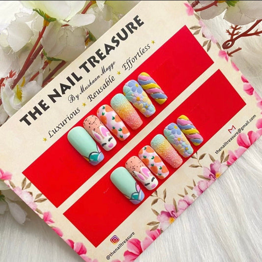 Bunny & Florals- A masterpiece set of Press on nails in Vibrant colors, with multiple professional art on fake nails.