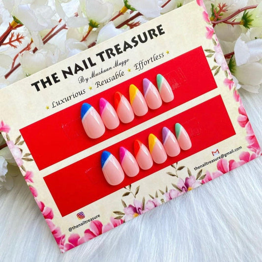 Vibrant - a premium Press on fake nails designed with  multicoloured french art on nude base.