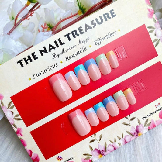 Mix of colours French art on nude base. Pastel candies product by the nail treasure.