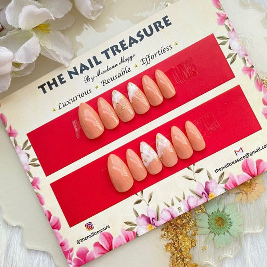 Peached, A peach shade Luxury press on nail set with added golden accents.