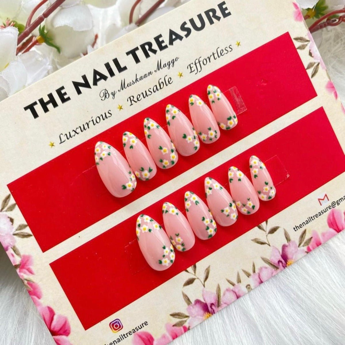 Spring- Premium Press on fake nails loaded with handpainted flower art on nude base.