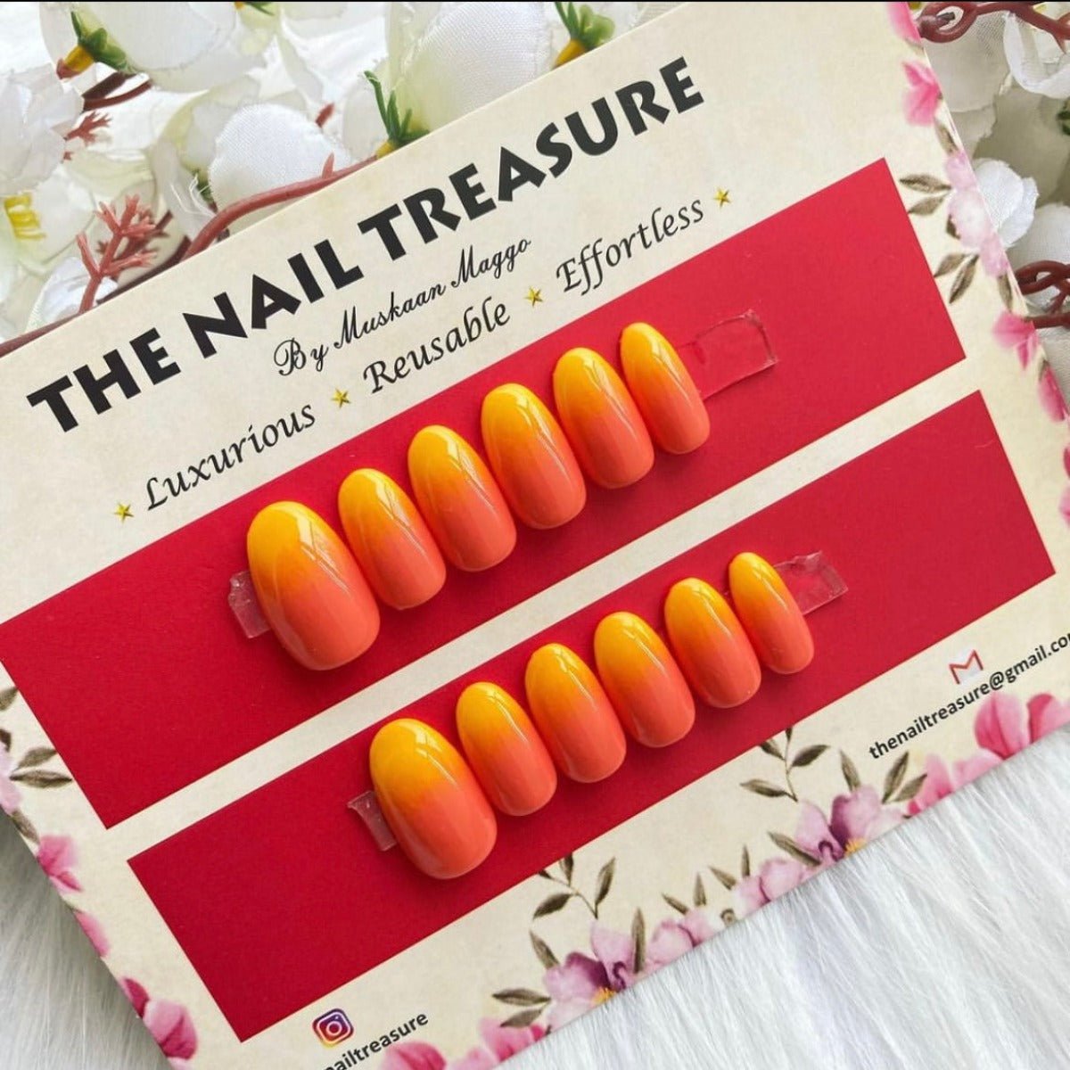 Sunset a poppin ombre premium press on fake nails design by the nail treasure ombre collection.