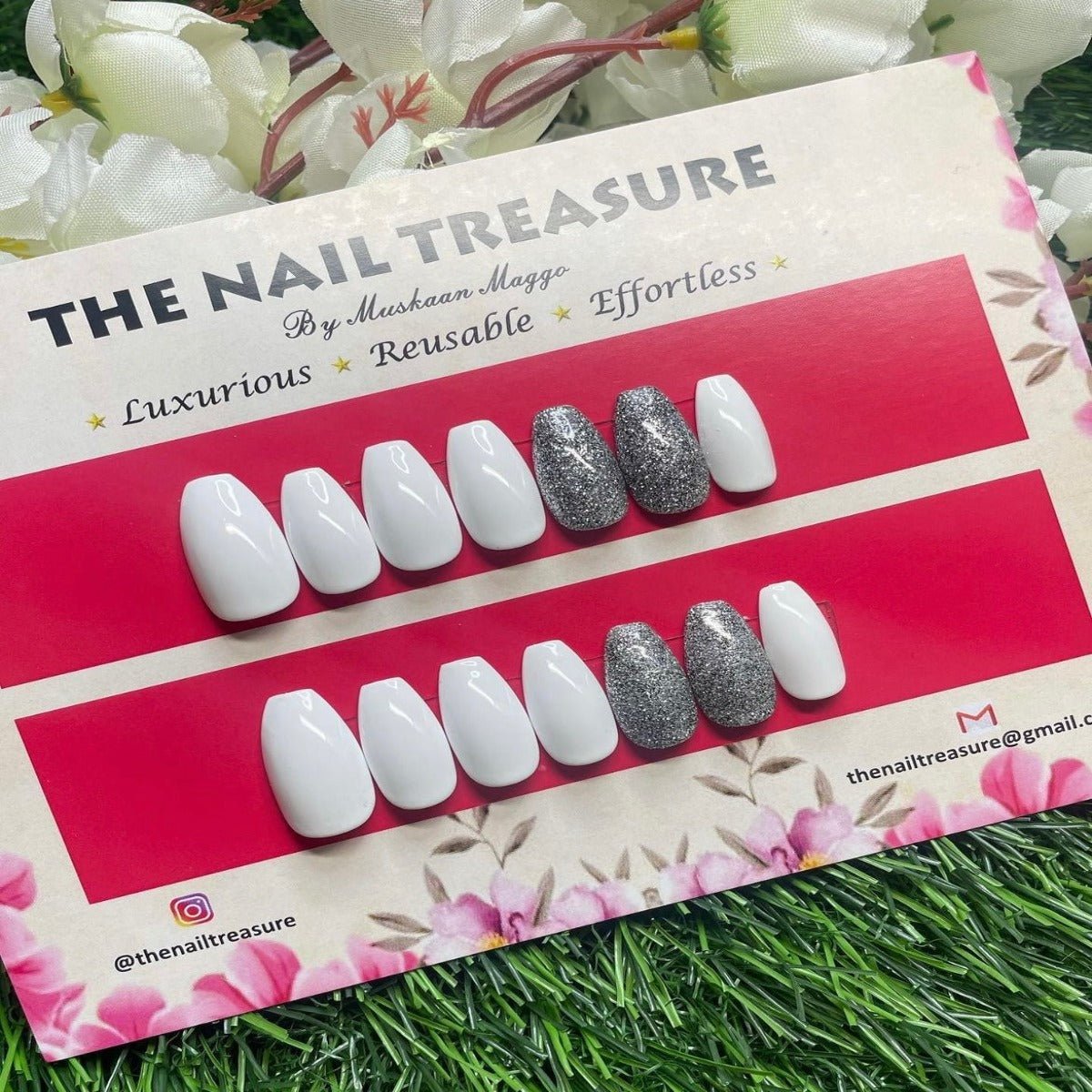 Sparkling bliss a Solid white press on nail set with glitter art work for the fake nails highlight.